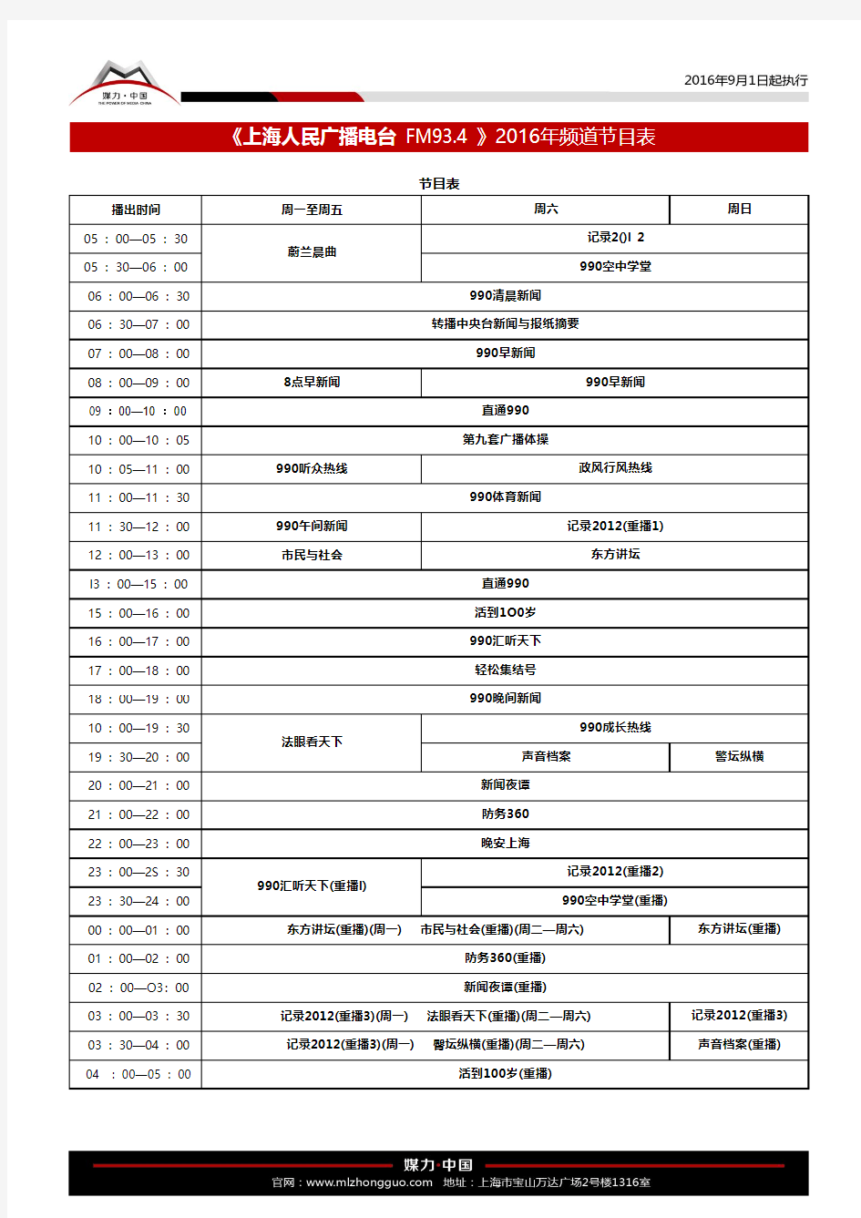 上海人民广播电台FM93.4广播节目表(2016年9月1日起执行)