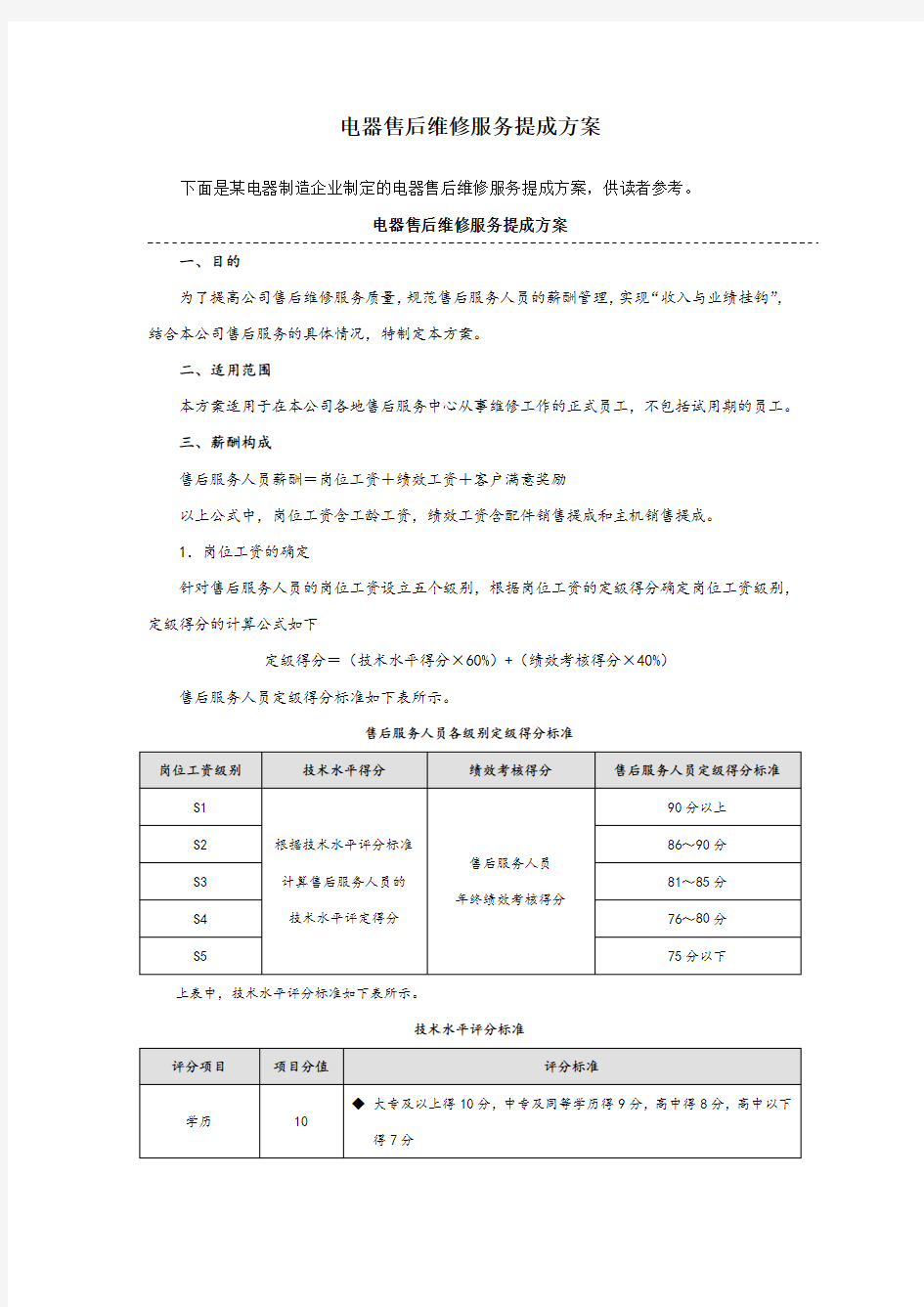 电器售后维修服务提成方案(附表)