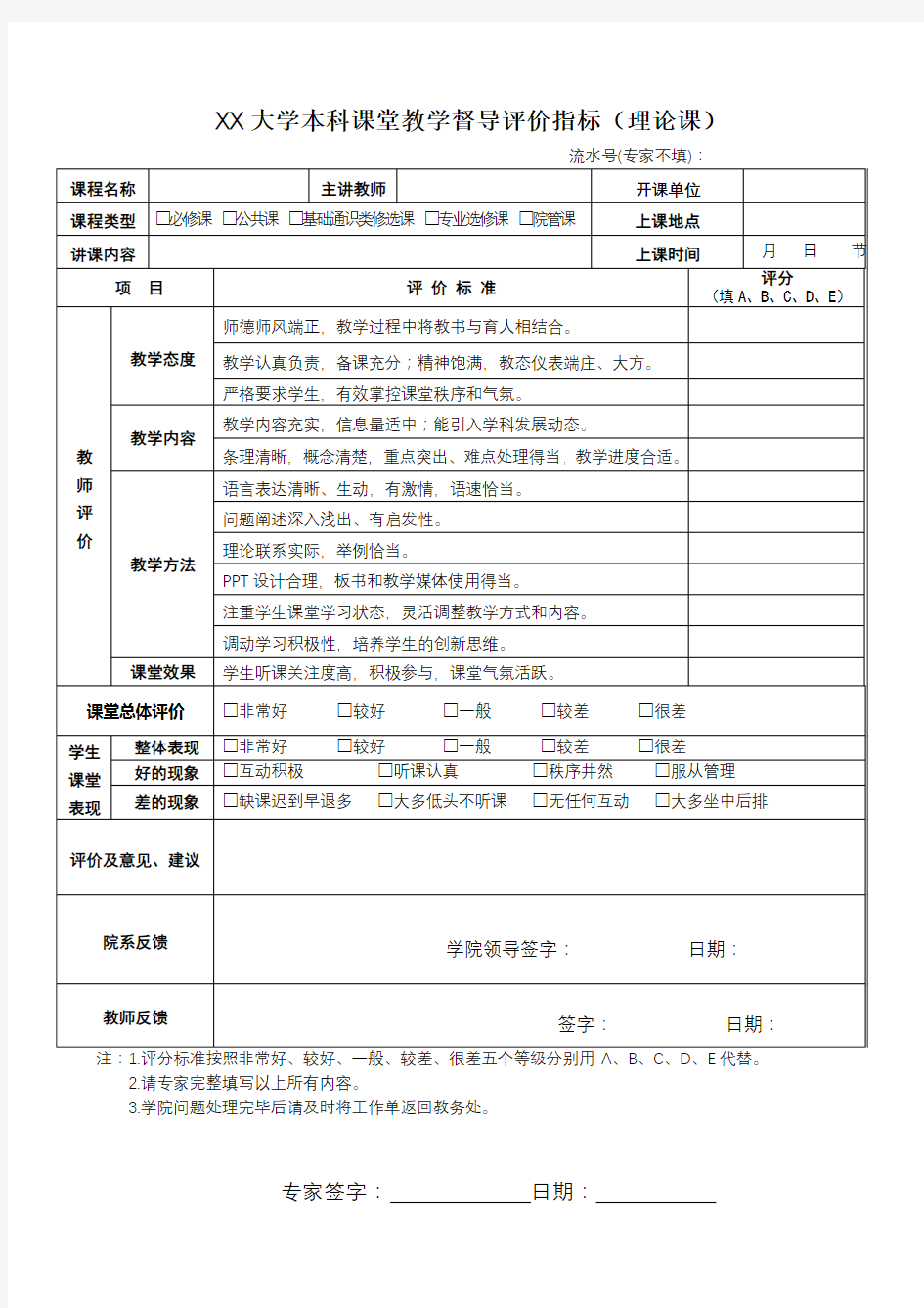 大学本科课堂教学督导评价表(理论课)