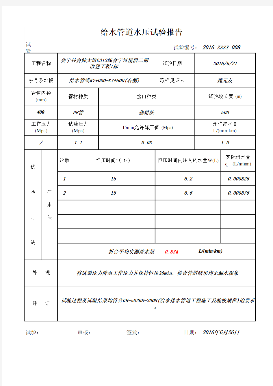 给水压力管道试验记录表自动计算表格