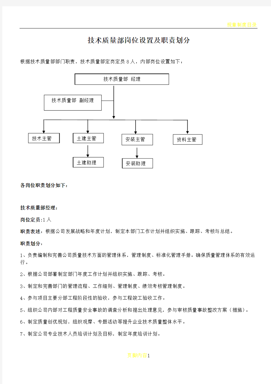 技术质量部部门岗位设置及职责划分