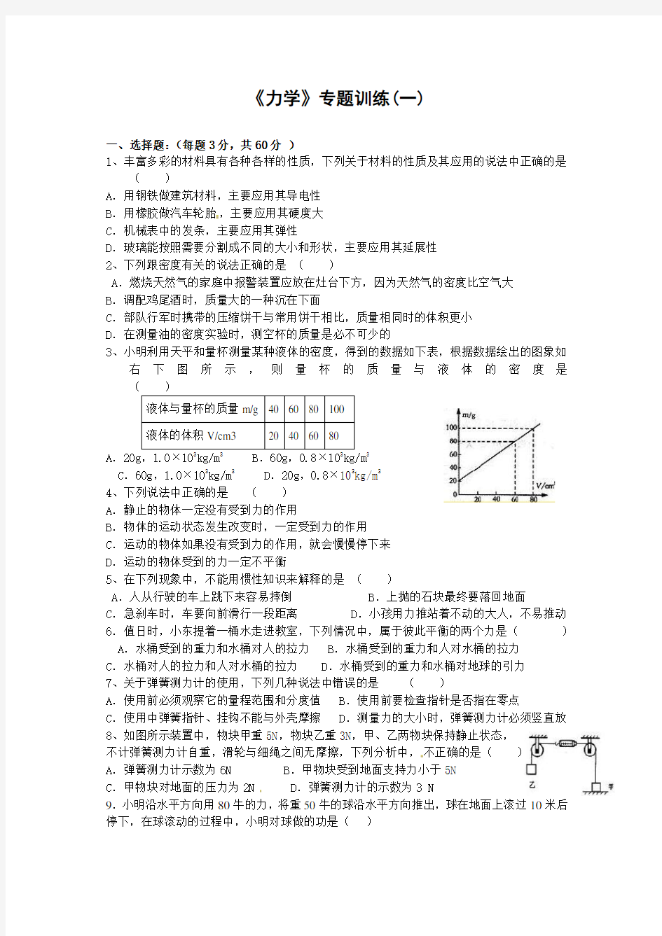 人教版中考物理力学专题训练试题 全套