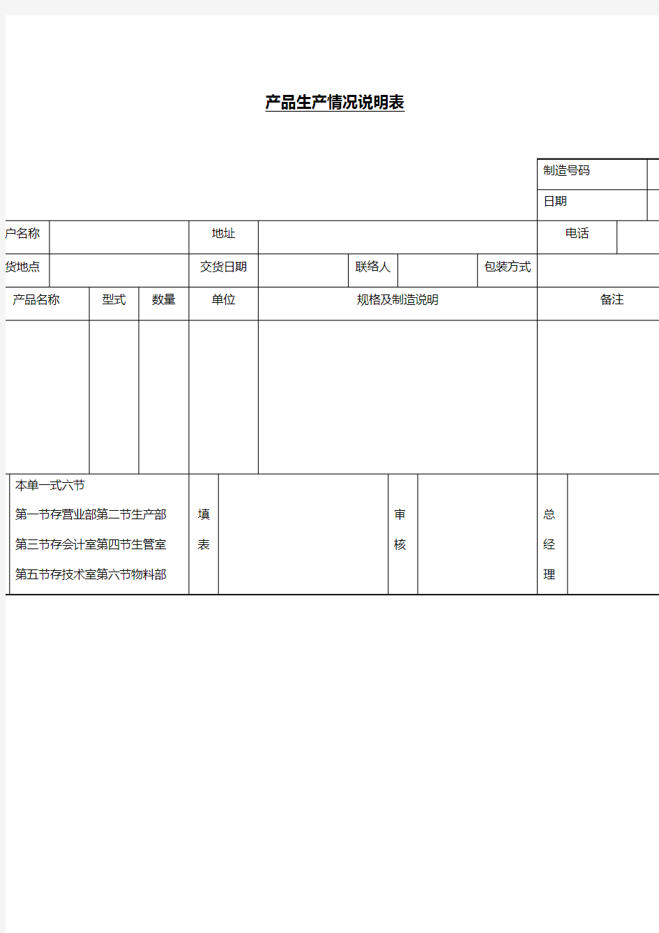 产品生产情况说明表格