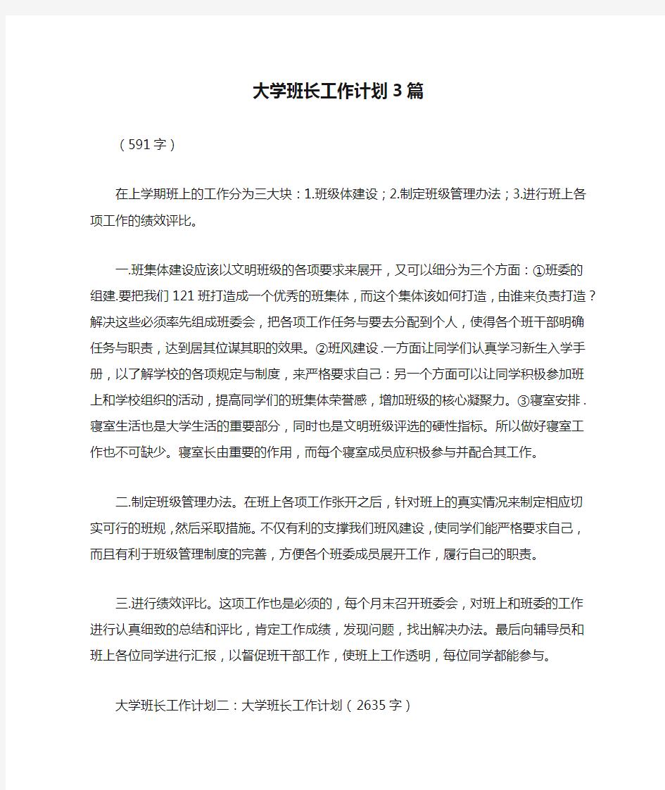 大学班长工作计划3篇