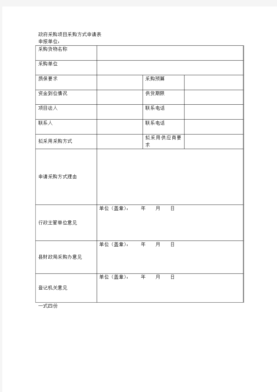 政府采购项目采购方式申请表