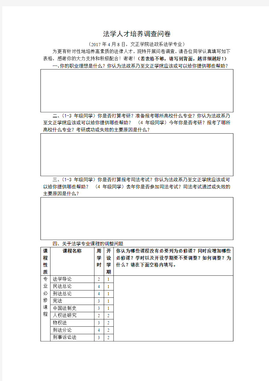 法学人才培养调查问卷