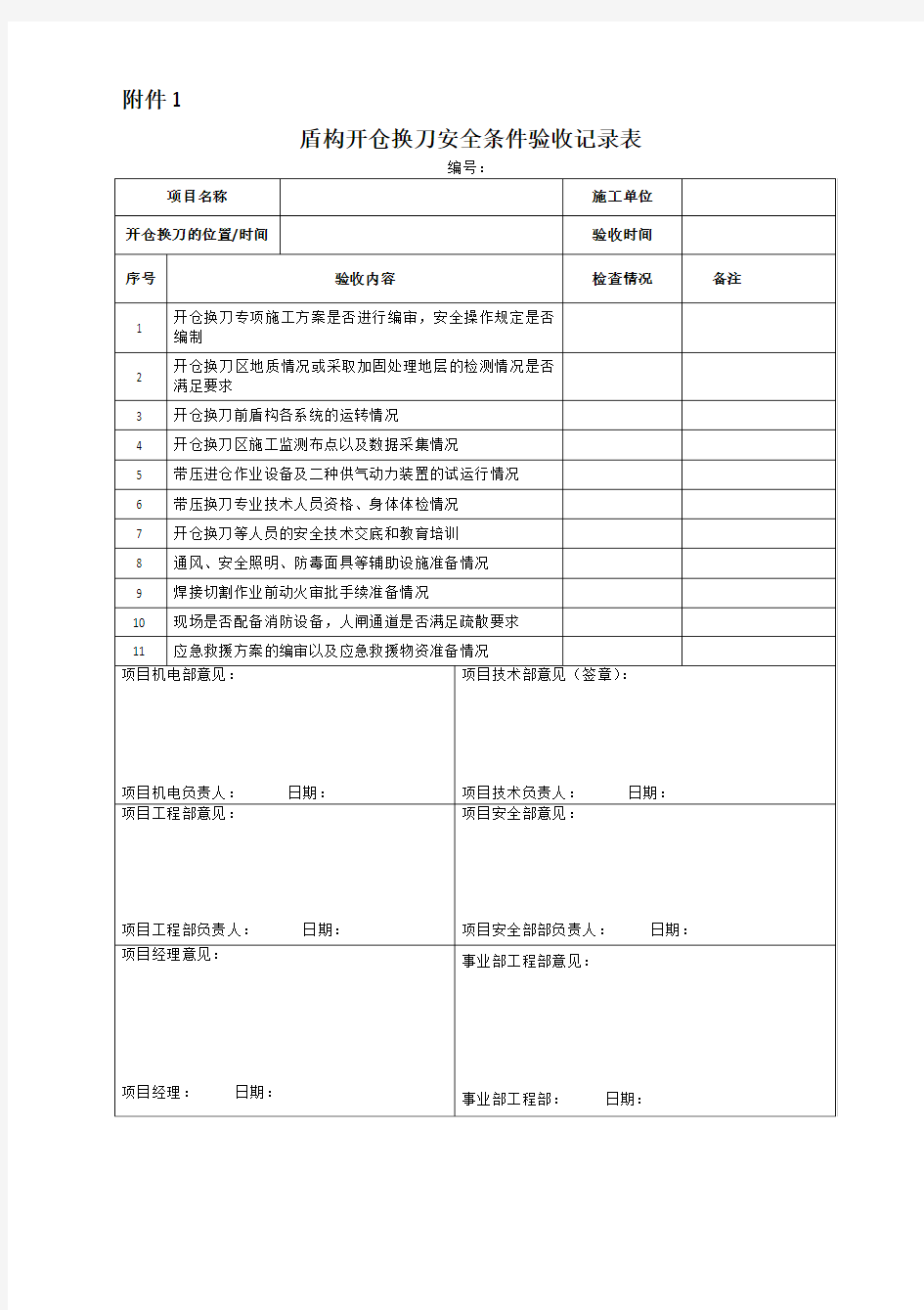 盾构开仓换刀验收及开仓换刀动火审批表格附件