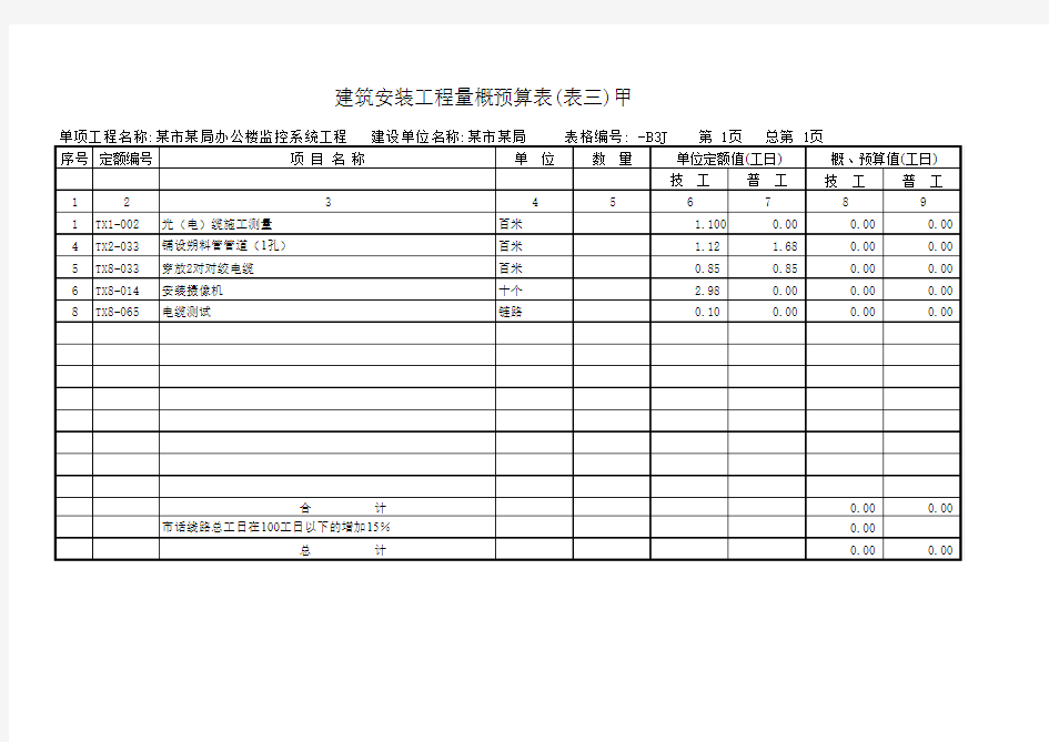 监控工程预算表(EXCEL自动表)