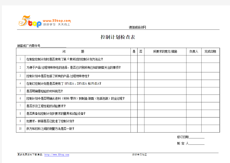 控制计划检查表
