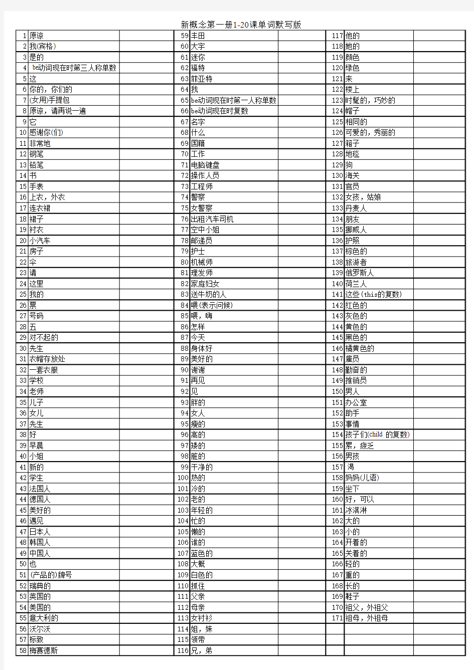 新概念第一册1-20课单词默写版