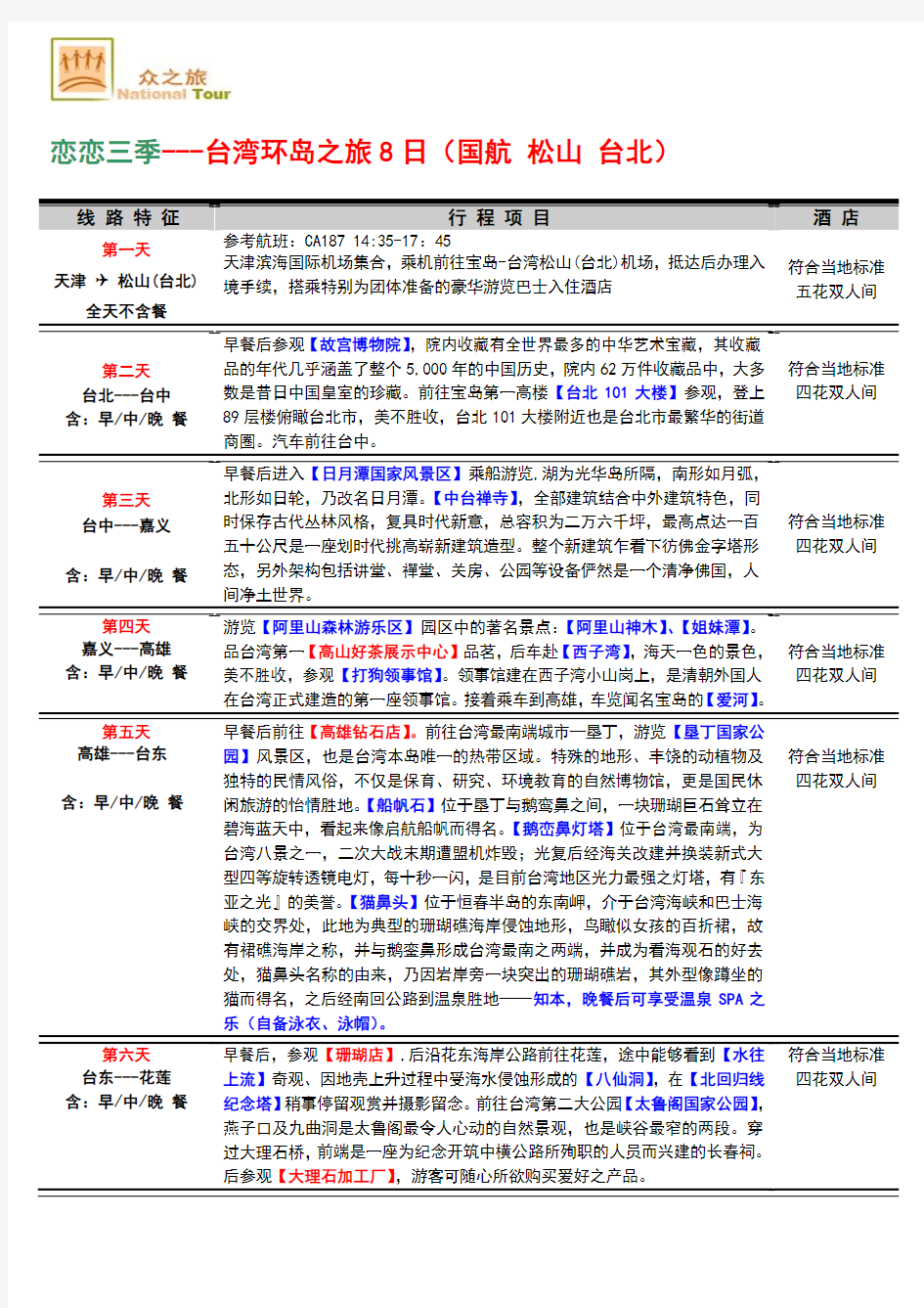 T1 恋恋三季-台湾环岛8日(国航)--四个店