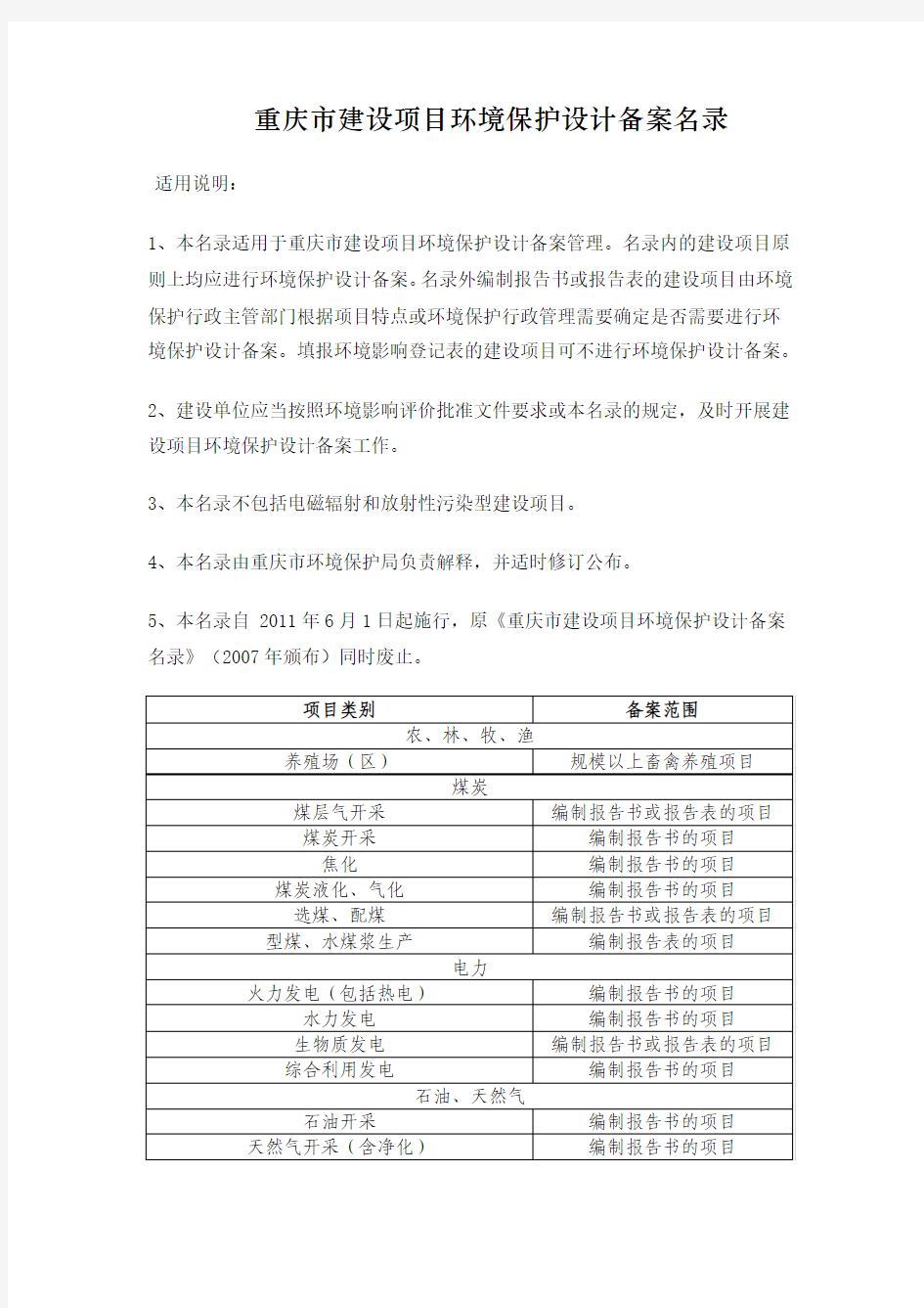 重庆市建设项目环境保护设计备案名录