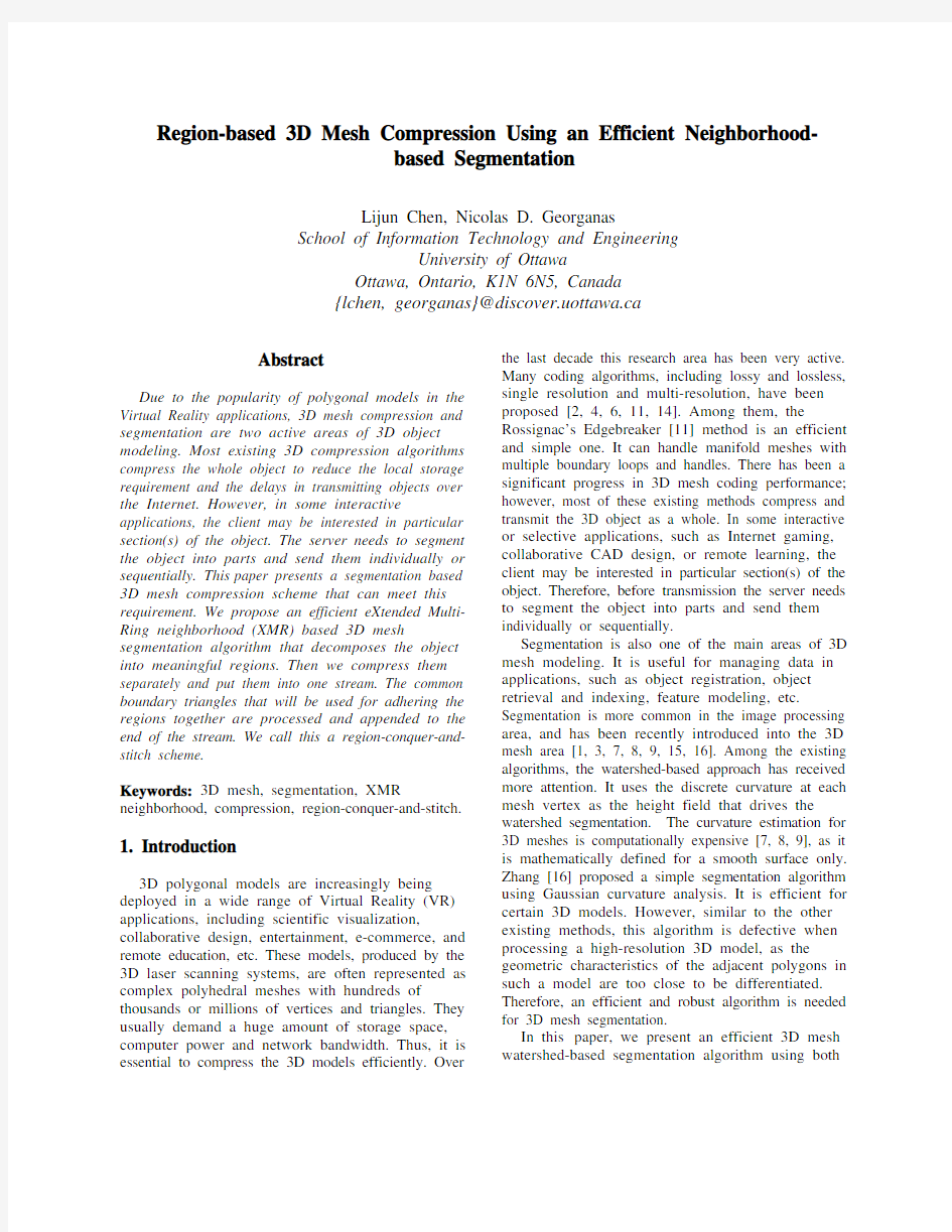 Region-based 3D Mesh Compression Using an Efficient Neighborhoodbased Segmentation