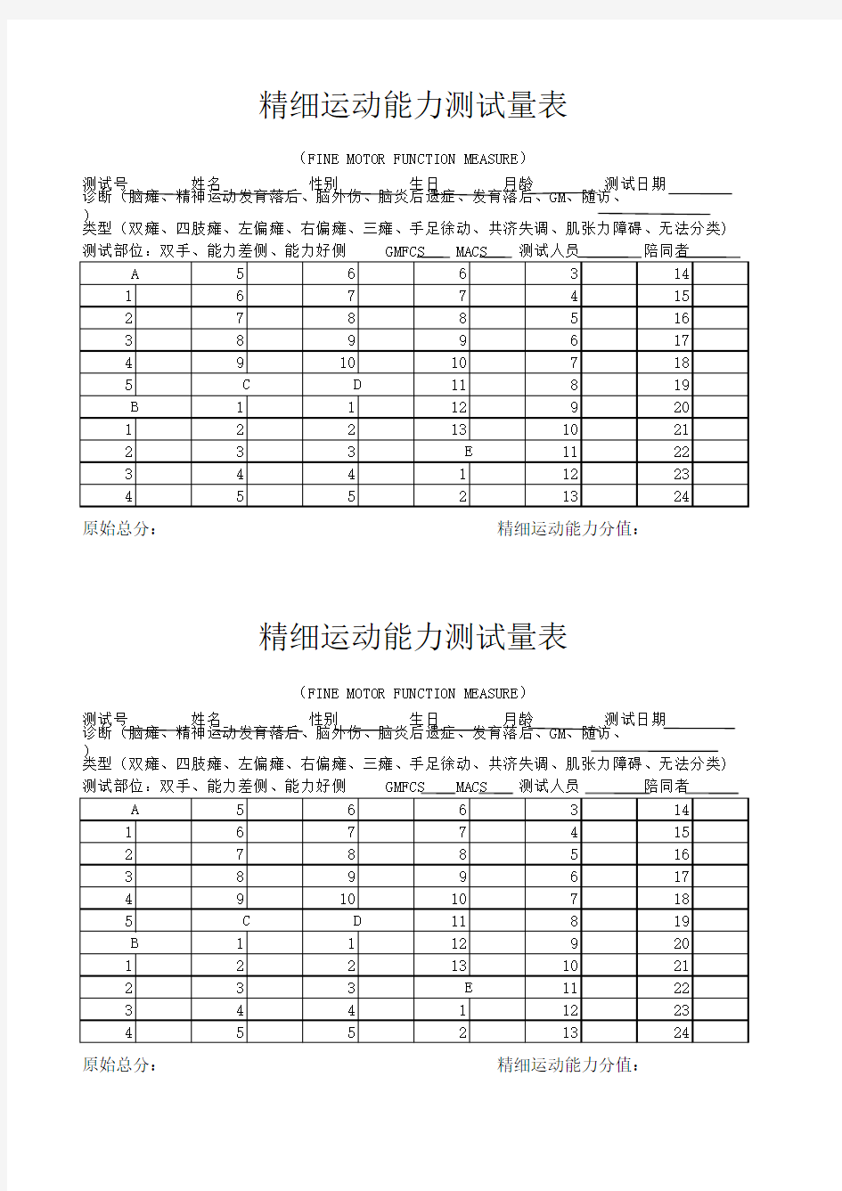 精细运动能力测试量表