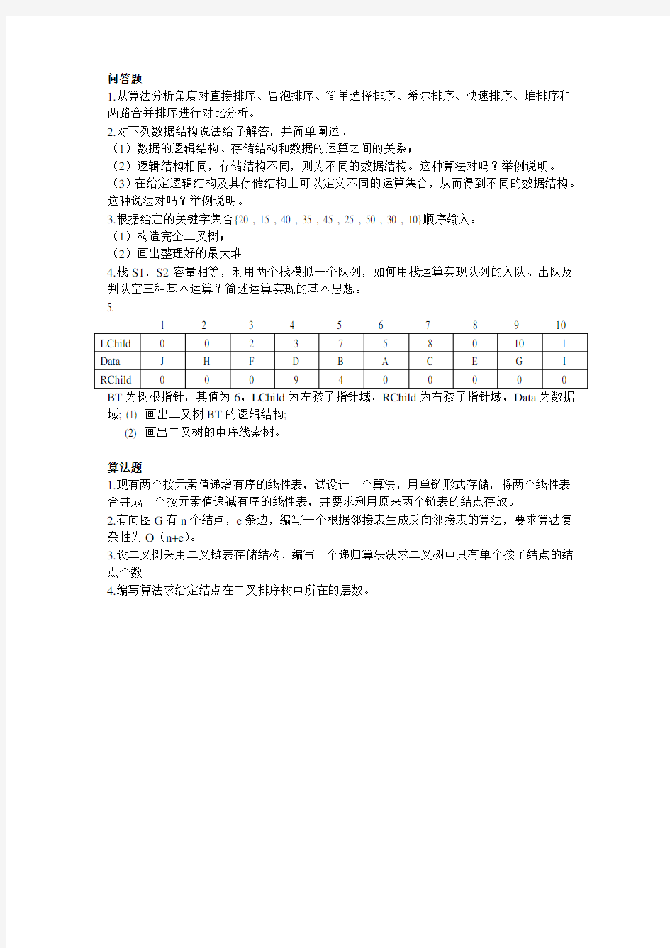 2014南邮考研数据结构真题