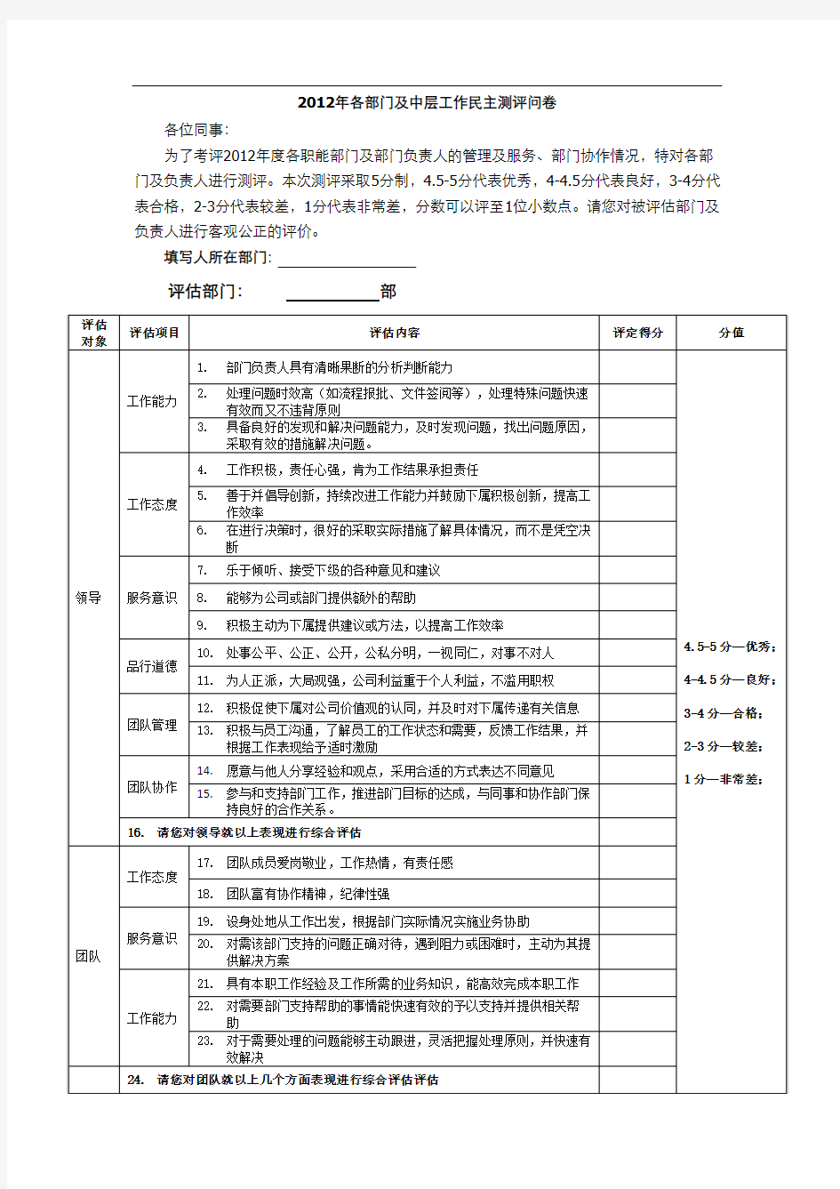 员工民主测评问卷