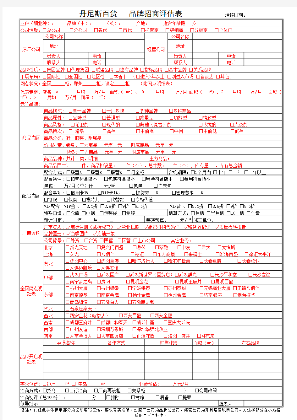 丹尼斯百货品牌招商评估表