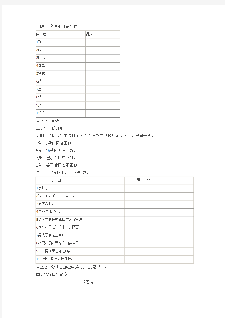 中国康复研究中心汉语标准失语症检查表