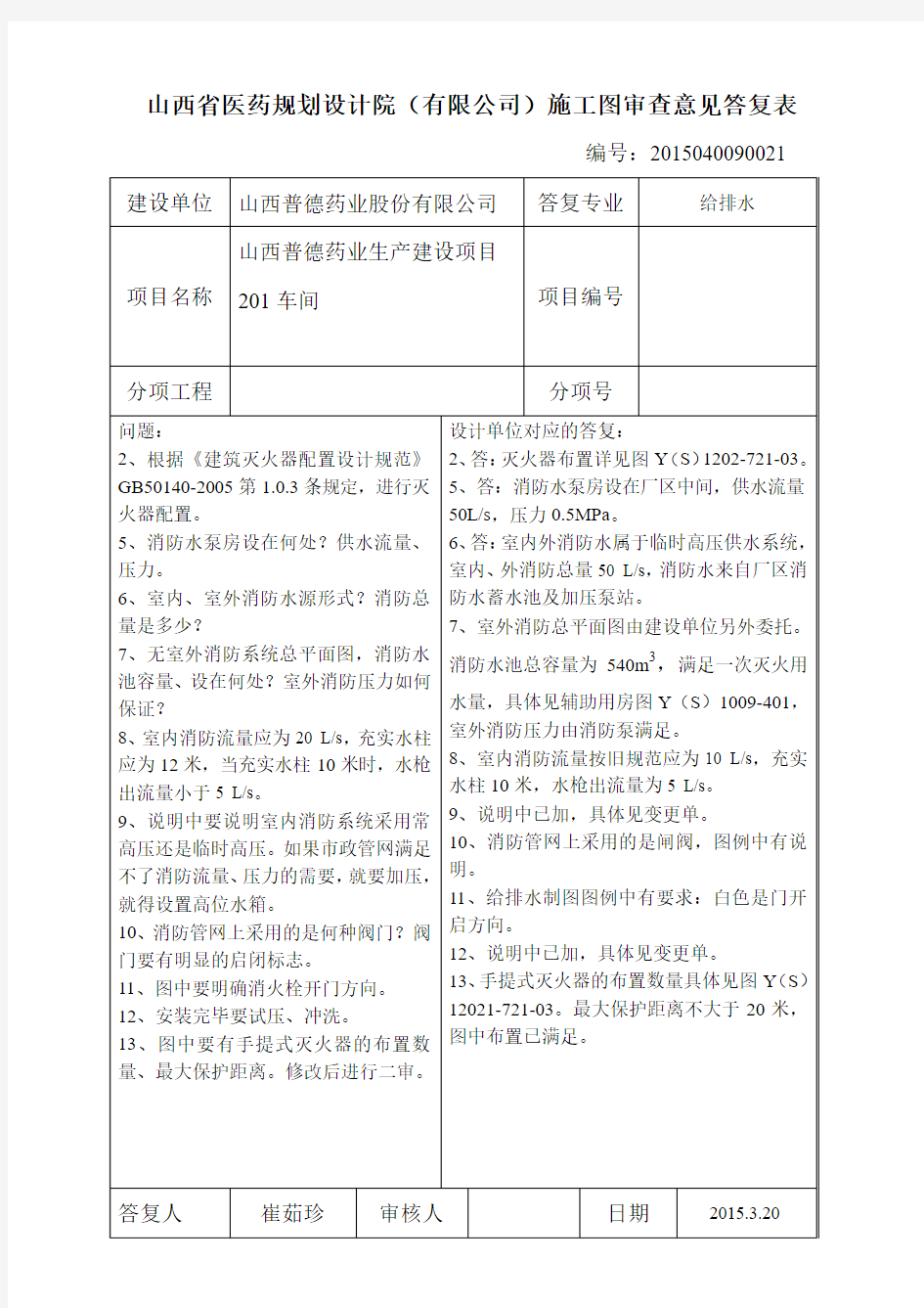 大同市建设工程施工图消防设计文件技术审查意见水回复