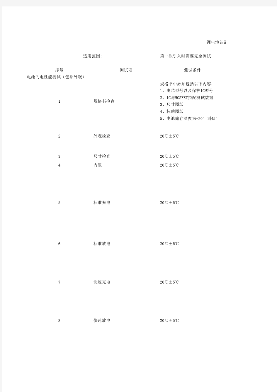 锂电池认证测试标准