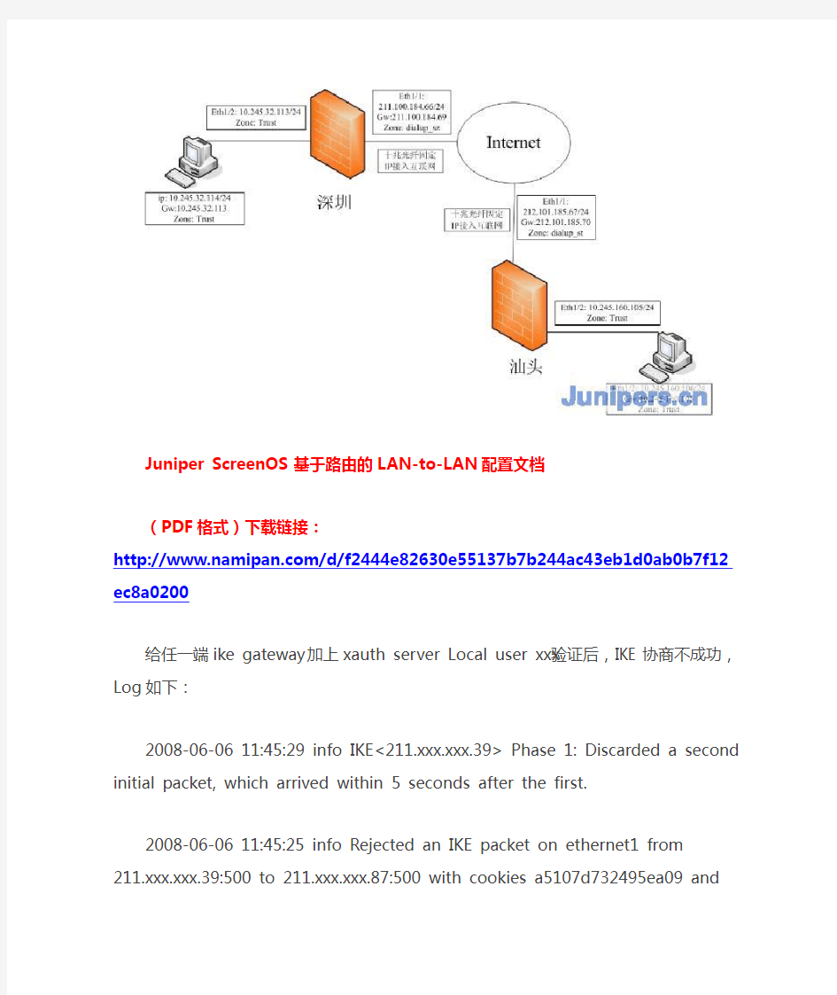 Juniper ScreenOS 基于路由的LAN-to-LAN配置文档