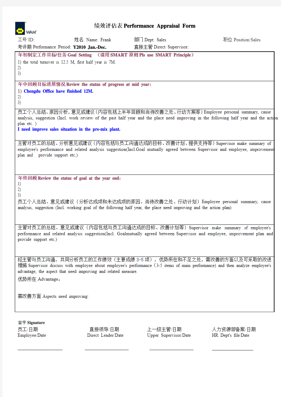 WAMSH 4 HR 022 Performance Appraisal Form绩效评估表-Y2010