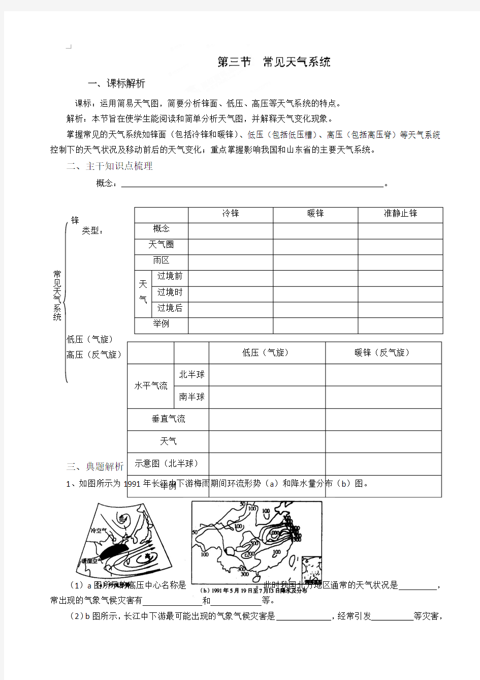 高中地理高一必修一导学案：第2章_第3节_常见天气系统_word版有答案