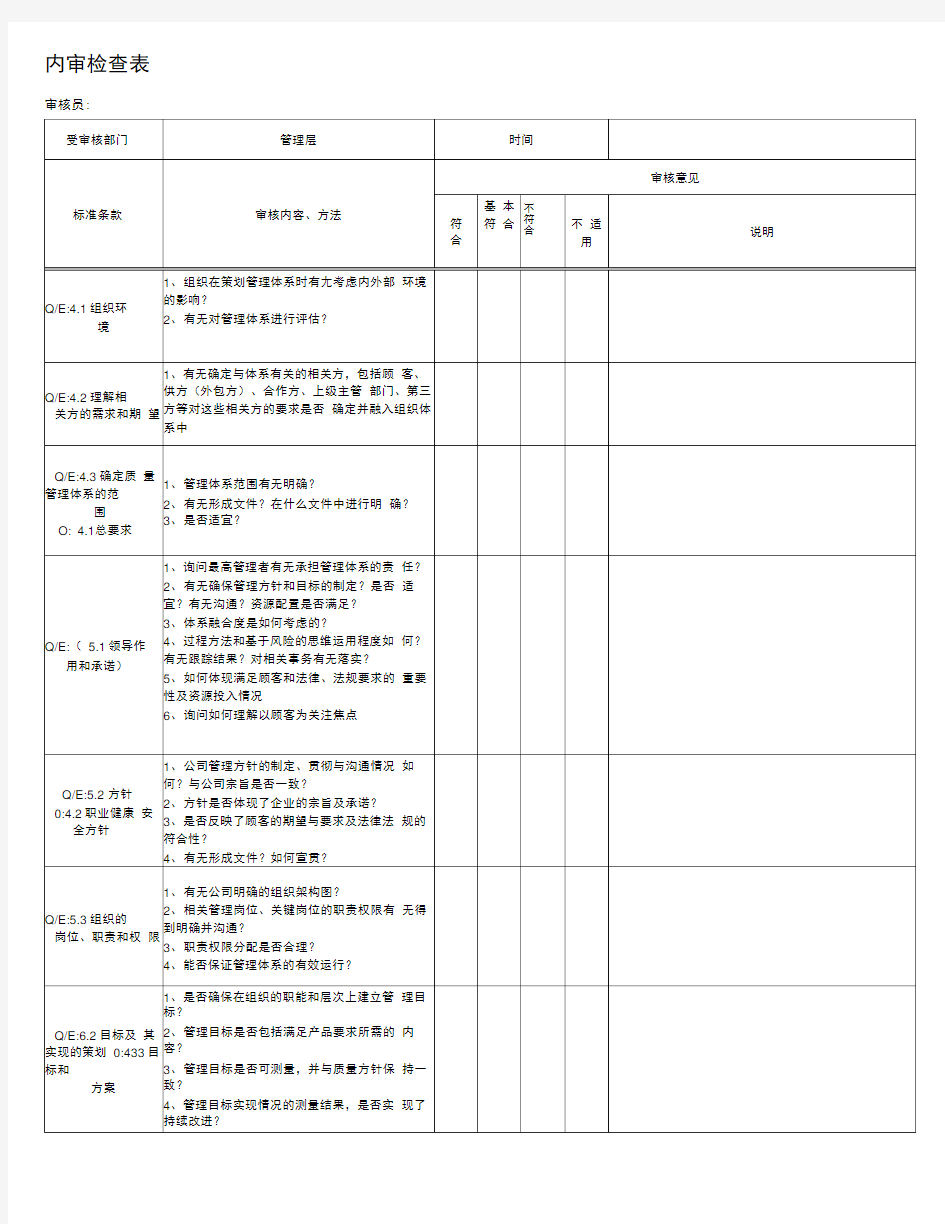 2015版质量、职业健康安全及环境管理体系内审检查表