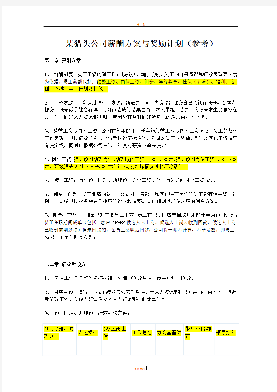 某猎头公司薪酬 方案与奖励措施