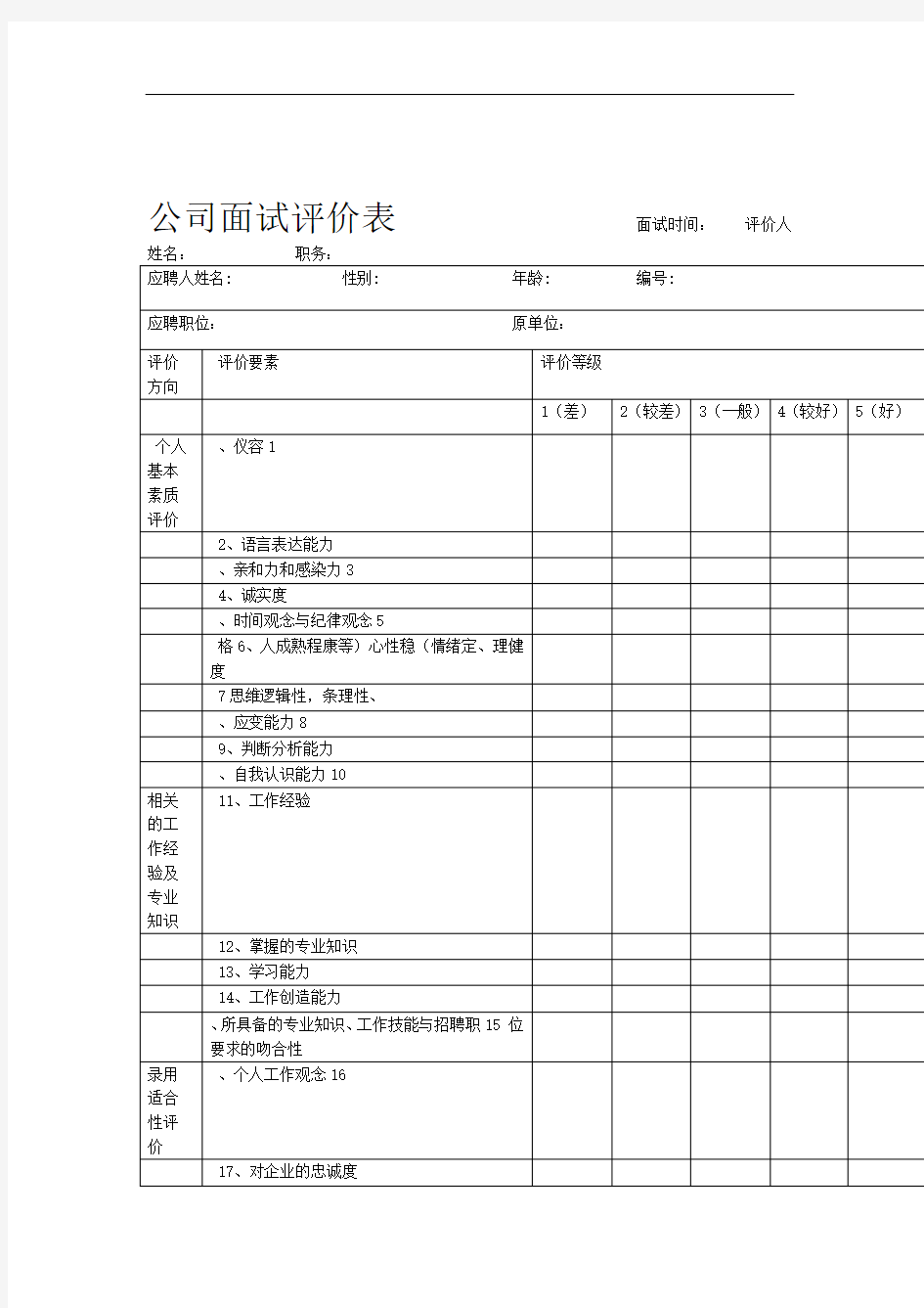 (完整版)公司面试评价表