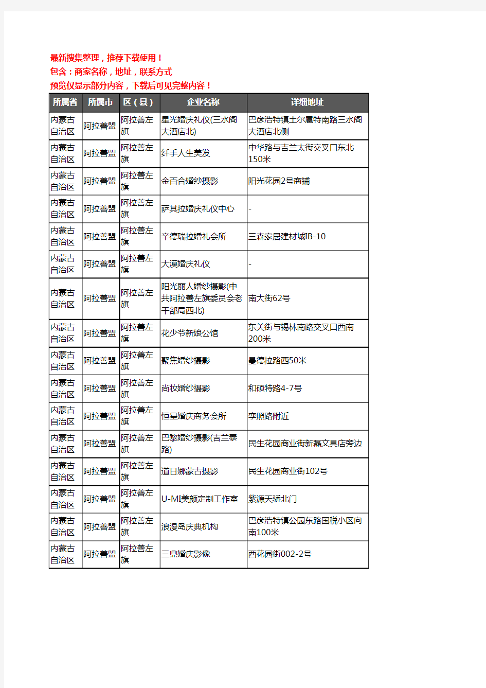 新版内蒙古自治区阿拉善盟阿拉善左旗婚庆公司企业公司商家户名录单联系方式地址大全16家