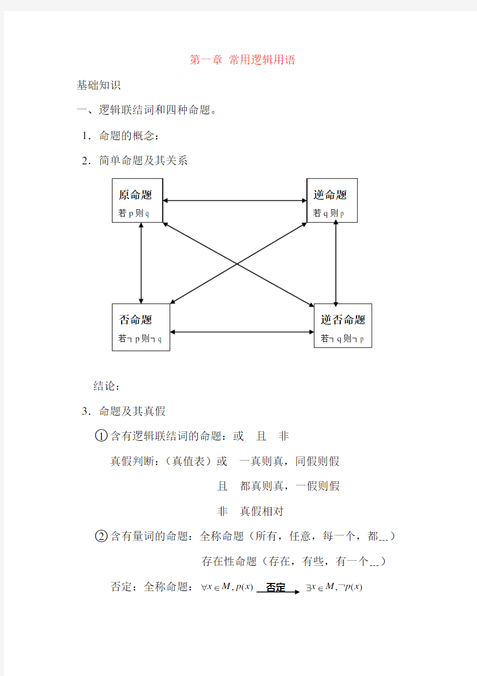 高中数学常用逻辑用语教案人教必修一