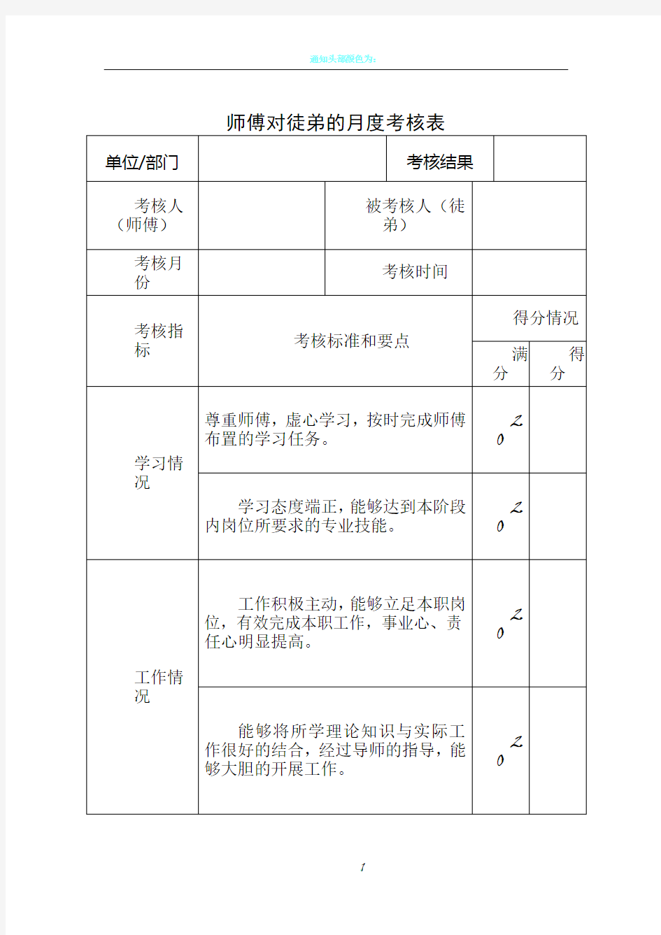 导师带徒考核打分表