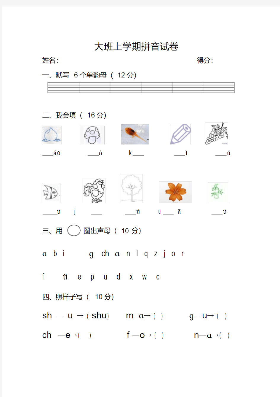 (完整版)大班上学期拼音试卷