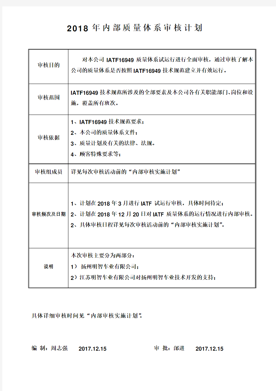 2018年度内部质量审核计划