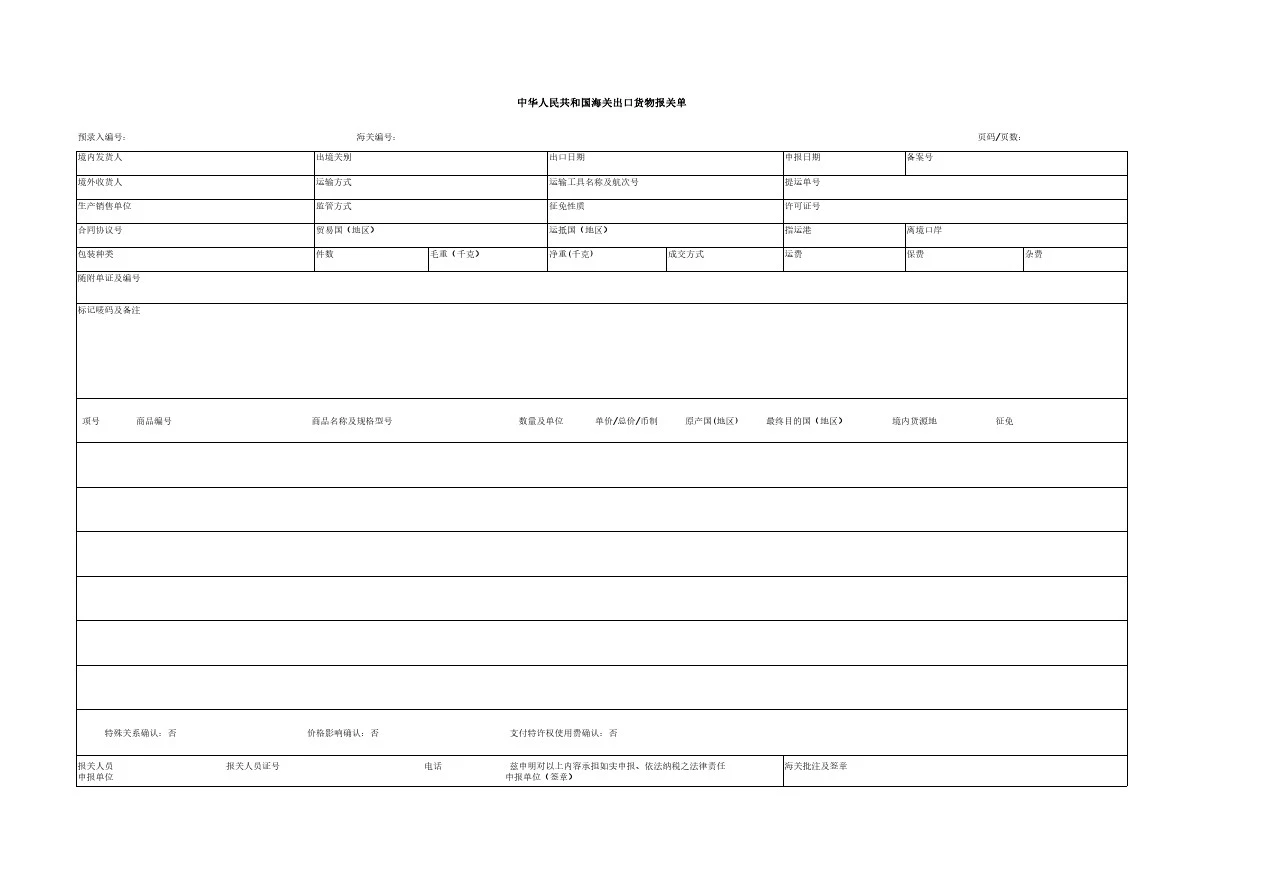 2018版最新出口报关单模板