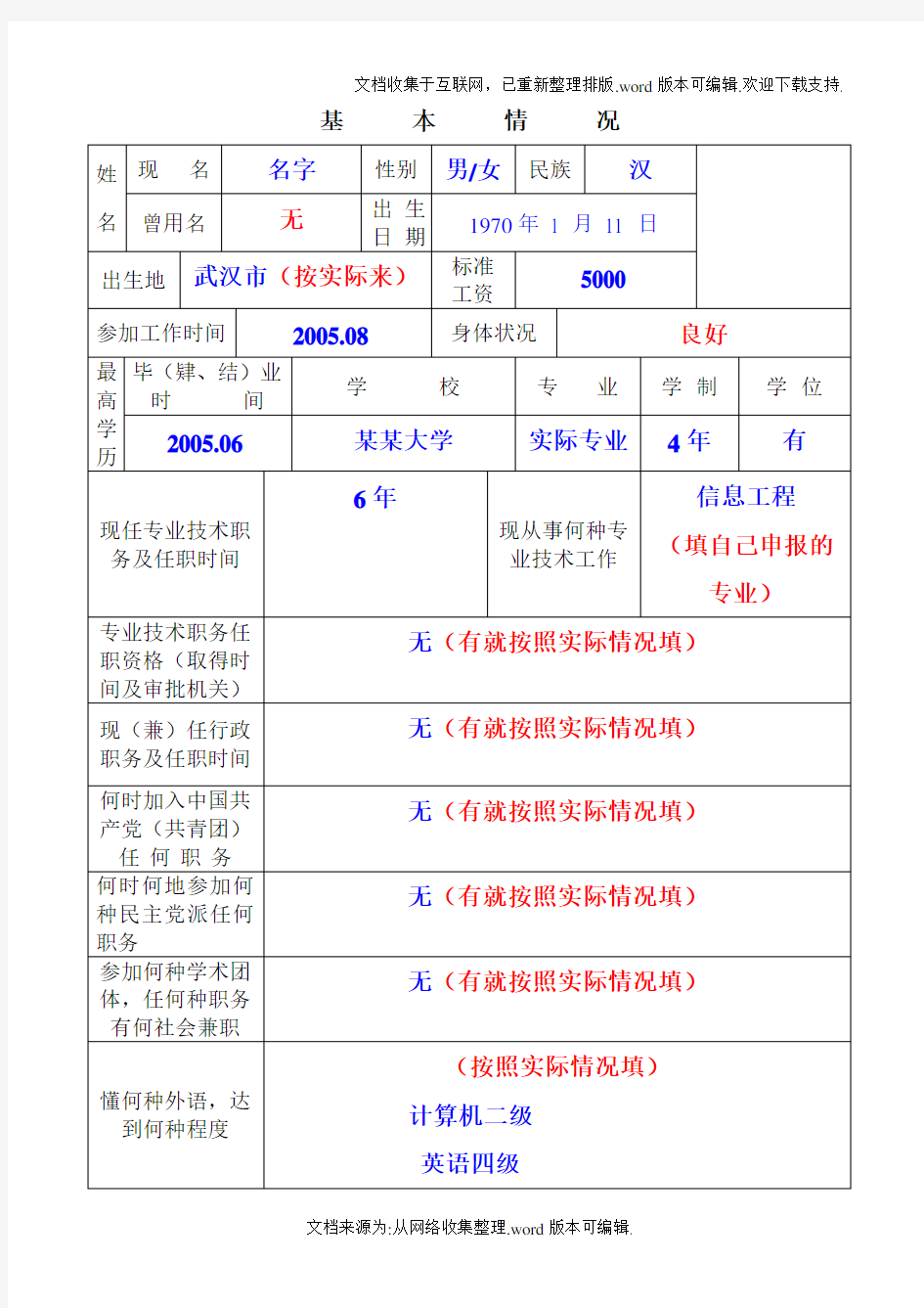 职称评审表填写样本-工程师评审表样本-中级职称评审表样本