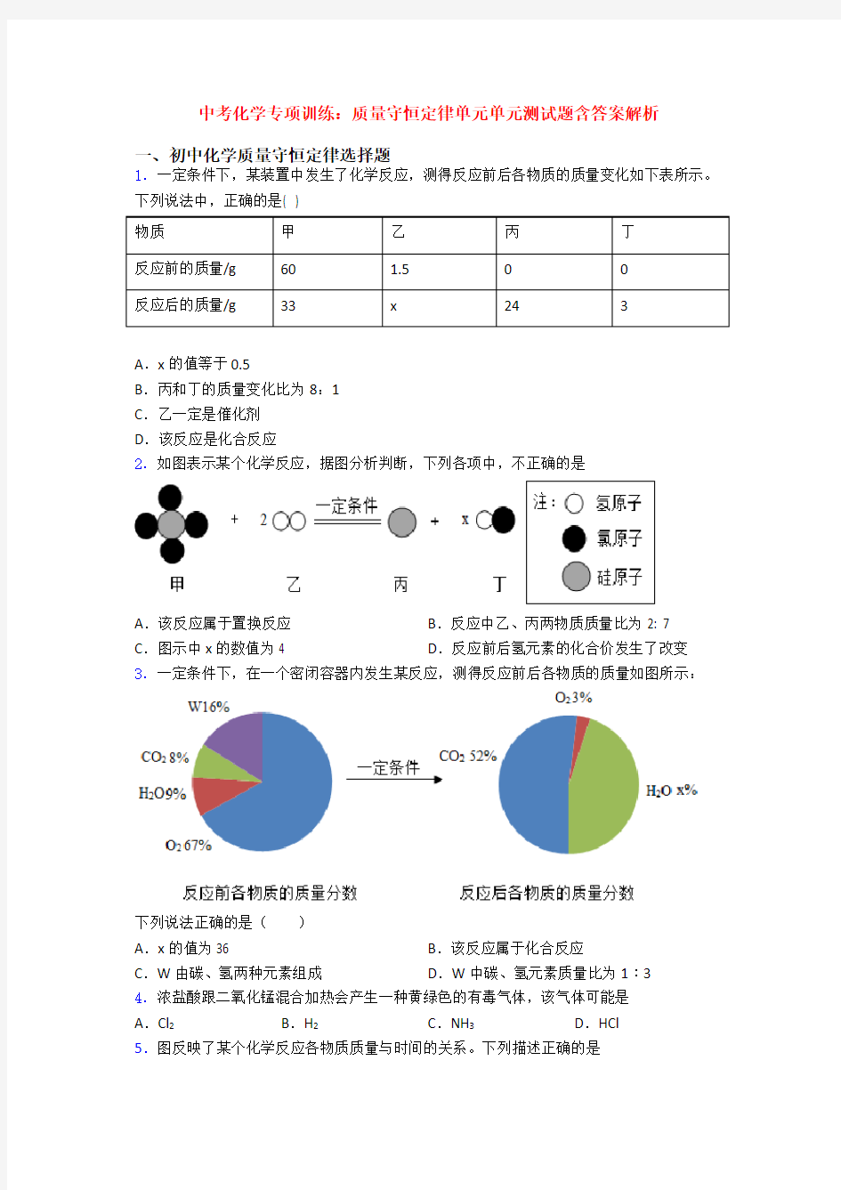 中考化学专项训练：质量守恒定律单元单元测试题含答案解析(1)