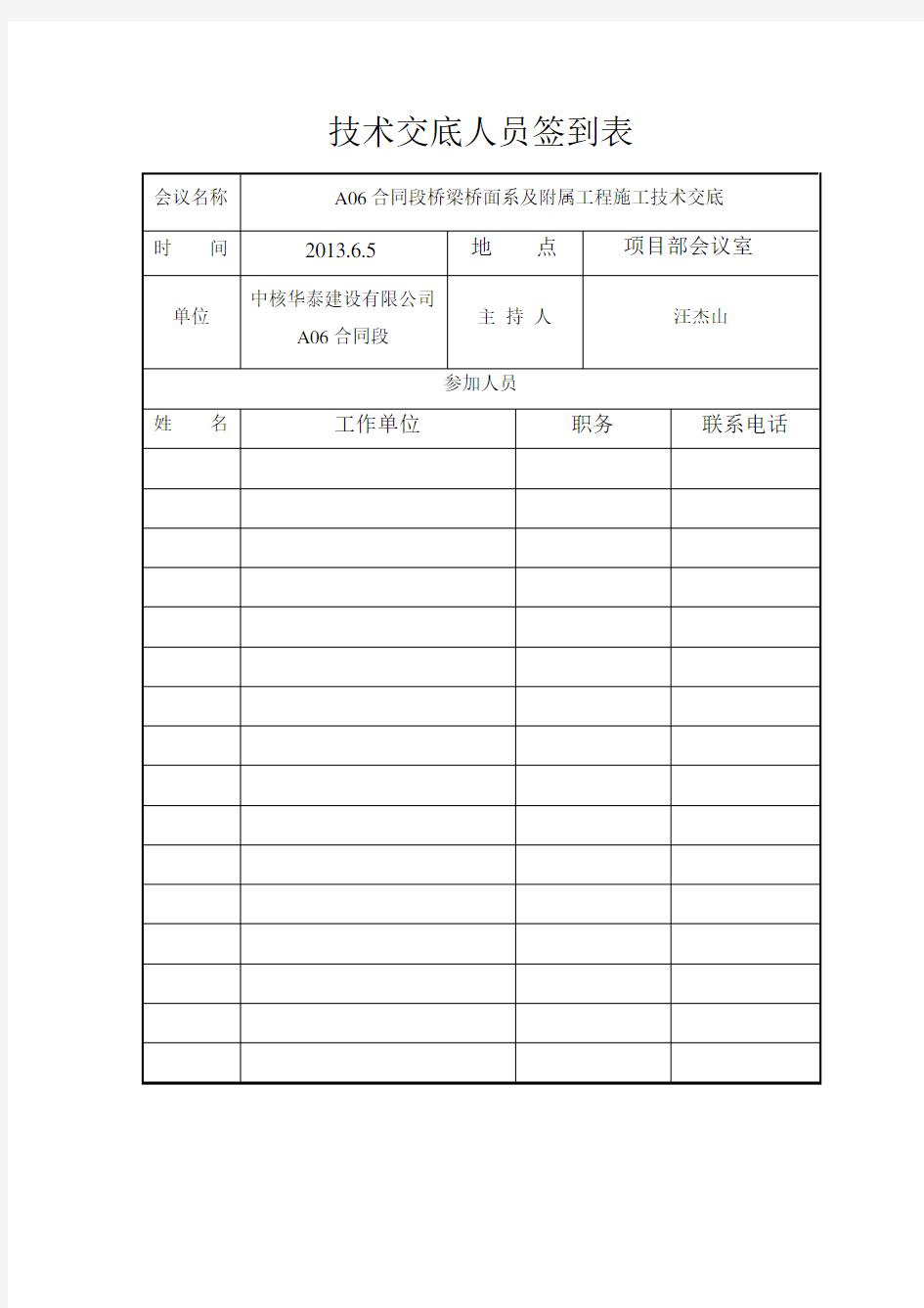 技术交底人员签到表(样表1)