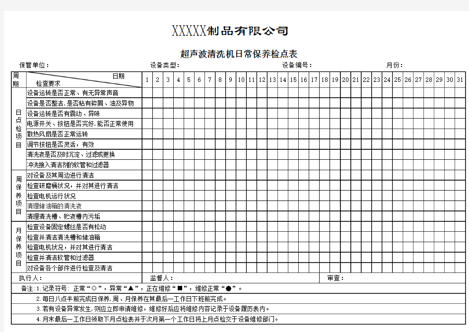 超声波清洗机日常保养检点表