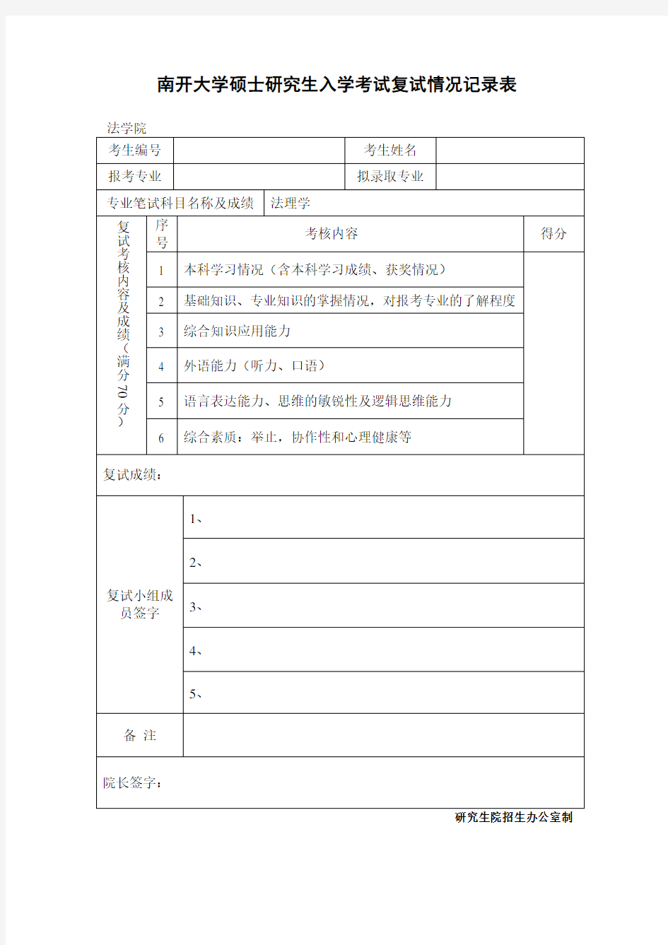 南开大学硕士研究生入学考试复试情况记录表