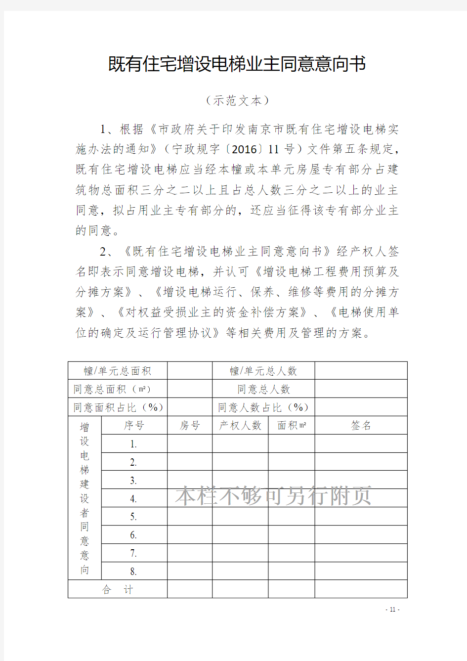 既有住宅增设电梯业主同意意向书