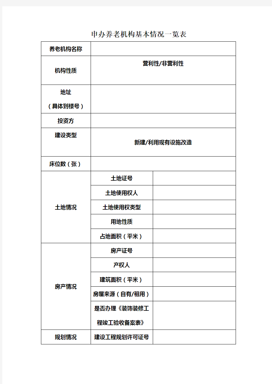 申办养老机构基本情况一览表知识交流