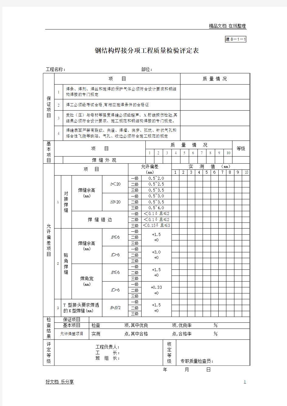 建8-1-1钢结构焊接分项工程质量检验评定表