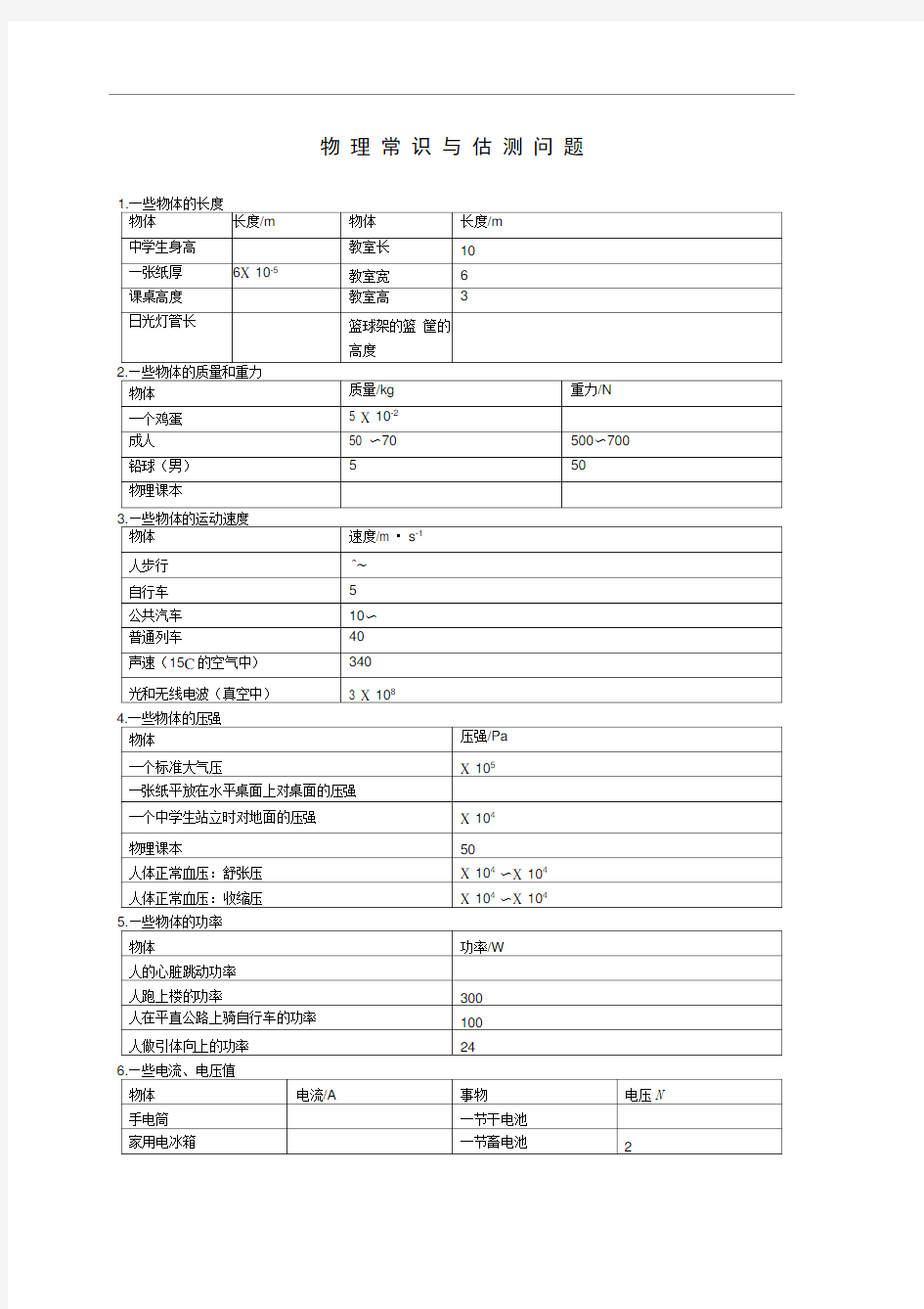 初中物理常识及估测问题