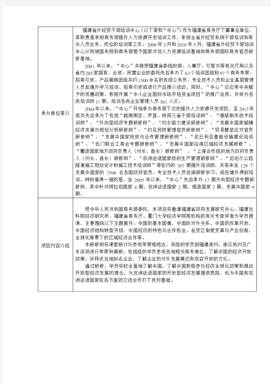 2018年非洲法语国家开放型经济研修班项目简介表