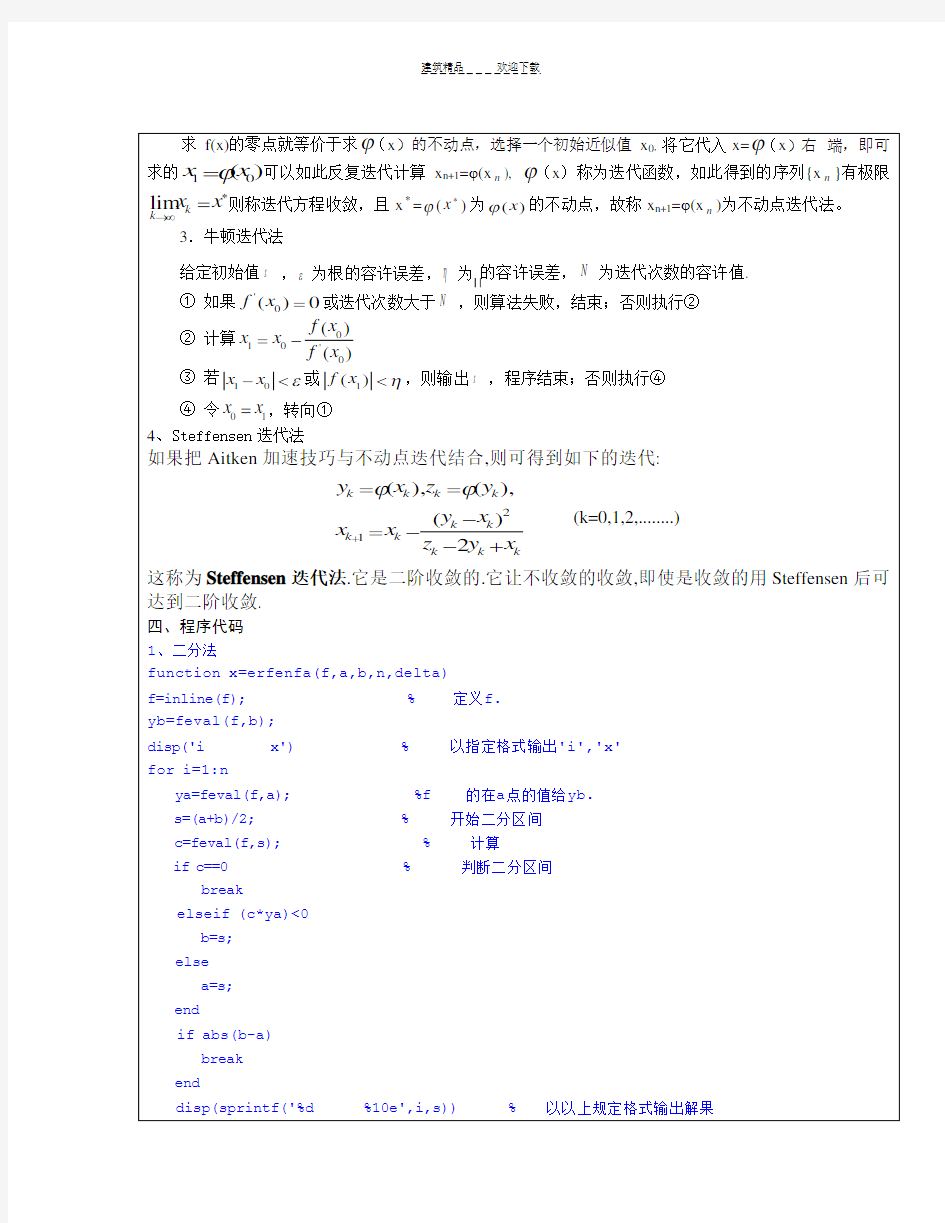 解非线性方程的数值计算方法用Matlab实现