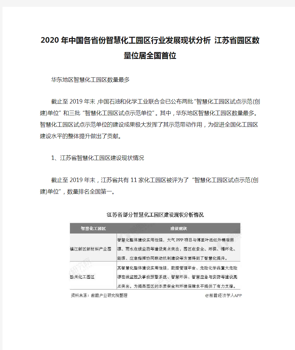 2020年中国各省份智慧化工园区行业发展现状分析 江苏省园区数量位居全国首位