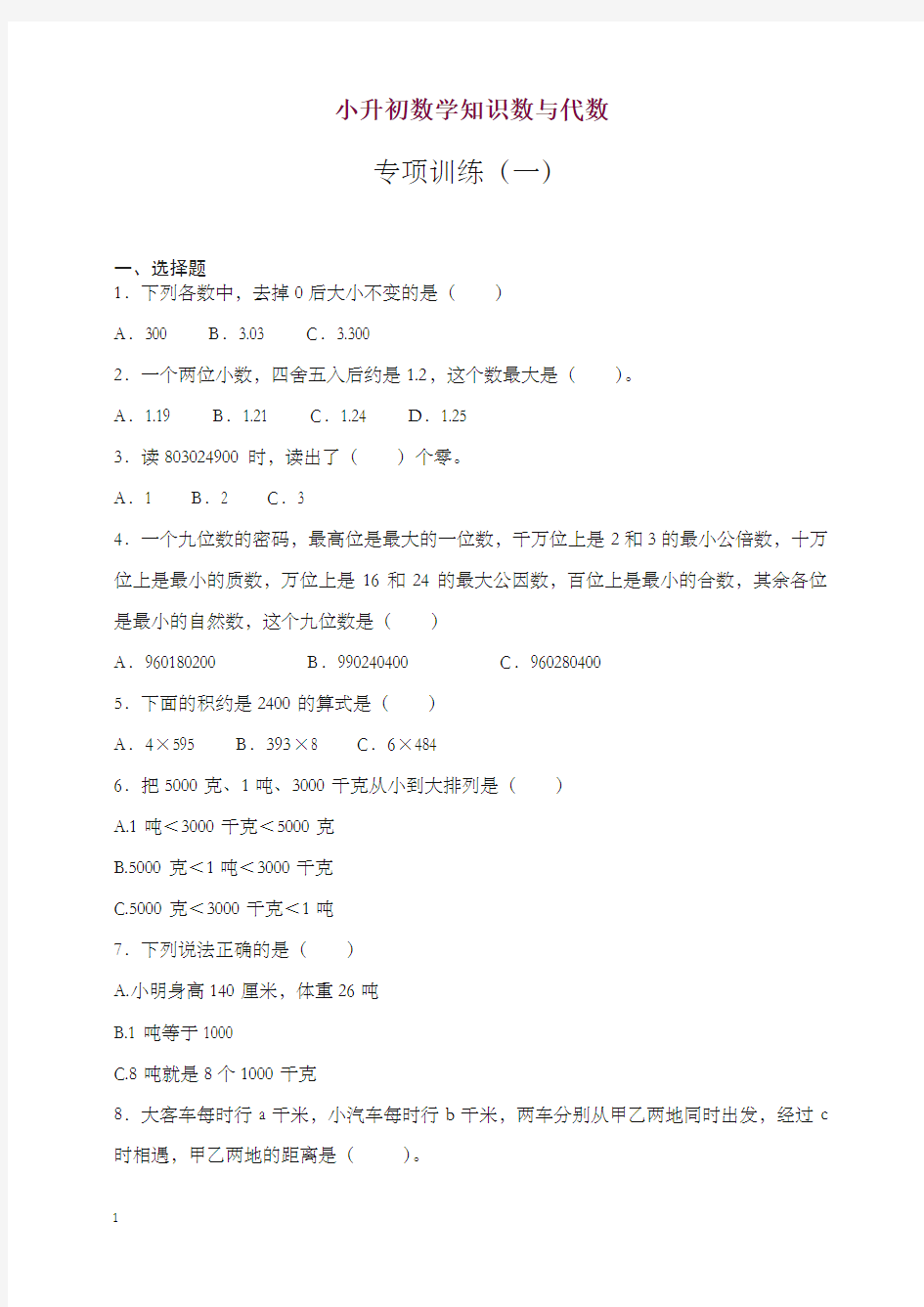 2019-2020学年小升初数学知识数与代数专项训练(一).docx