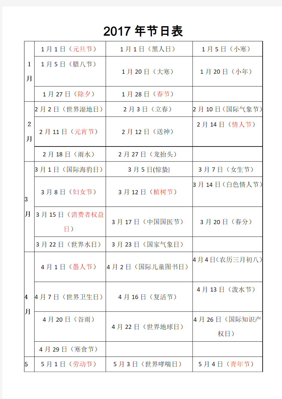 2017年节日大全表